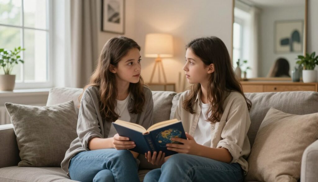 A serene and intimate scene illustrating trust building between two twins, seated on a comfortable couch in a cozy, modern living room. The twins, dressed in casual but smart attire, engage in deep conversation, sharing a book that symbolizes their curiosity about the world. Soft, warm lighting filters through large windows, creating a welcoming atmosphere. In the background, ethereal decorations, such as plants and meaningful artwork, embody a sense of freedom and exploration. The focus is on their expressive faces, showcasing trust and connection, while subtle reflections in a nearby mirror enhance the depth of the image. The overall mood is warm, inviting, and embodying harmony in their relationship. A serene and intimate scene illustrating trust building between two twins, seated on a comfortable couch in a cozy, modern living room. The twins, dressed in casual but smart attire, engage in deep conversation, sharing a book that symbolizes their curiosity about the world. Soft, warm lighting filters through large windows, creating a welcoming atmosphere. In the background, ethereal decorations, such as plants and meaningful artwork, embody a sense of freedom and exploration. The focus is on their expressive faces, showcasing trust and connection, while subtle reflections in a nearby mirror enhance the depth of the image. The overall mood is warm, inviting, and embodying harmony in their relationship.