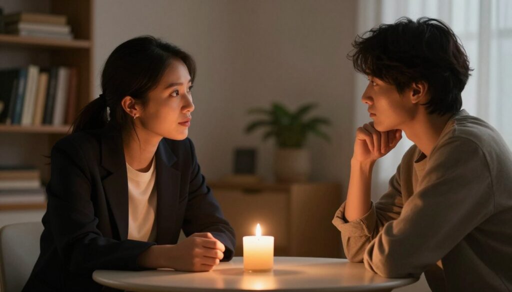 A serene and introspective scene depicting two people seated at a small table in a softly lit room, engaged in a deep conversation about boundaries in a relationship. The foreground features a cozy atmosphere with warm, dim lighting; a flickering candle illuminates their faces, conveying sincerity. One person, dressed in professional business attire, leans slightly forward with an open and thoughtful expression. The other, in modest casual clothing, appears contemplative, listening intently. In the background, softly blurred bookshelves filled with self-help books and a gentle plant adds warmth to the setting. The mood is calm and reflective, symbolizing trust, clarity, and the delicate balance of honesty and sensitivity in relationships. A serene and introspective scene depicting two people seated at a small table in a softly lit room, engaged in a deep conversation about boundaries in a relationship. The foreground features a cozy atmosphere with warm, dim lighting; a flickering candle illuminates their faces, conveying sincerity. One person, dressed in professional business attire, leans slightly forward with an open and thoughtful expression. The other, in modest casual clothing, appears contemplative, listening intently. In the background, softly blurred bookshelves filled with self-help books and a gentle plant adds warmth to the setting. The mood is calm and reflective, symbolizing trust, clarity, and the delicate balance of honesty and sensitivity in relationships.