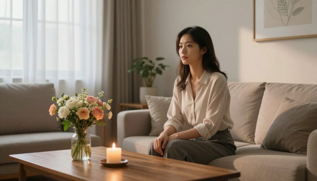 A serene and thoughtful young woman sits in a cozy, elegantly decorated living room, symbolizing the concept of mindfulness and stability in relationships. She is dressed in modest, professional attire, exuding confidence and calmness. In the foreground, a wooden coffee table holds a carefully arranged bouquet of fresh flowers and a lit candle, symbolizing warmth and affection. In the middle background, soft, natural light filters through sheer curtains, casting gentle shadows that create an inviting atmosphere. The walls are adorned with subtle artwork reflecting themes of love and connection. The mood is peaceful and introspective, capturing the essence of building a strong foundation for love and partnership within a thoughtful, nurturing space. A serene and thoughtful young woman sits in a cozy, elegantly decorated living room, symbolizing the concept of mindfulness and stability in relationships. She is dressed in modest, professional attire, exuding confidence and calmness. In the foreground, a wooden coffee table holds a carefully arranged bouquet of fresh flowers and a lit candle, symbolizing warmth and affection. In the middle background, soft, natural light filters through sheer curtains, casting gentle shadows that create an inviting atmosphere. The walls are adorned with subtle artwork reflecting themes of love and connection. The mood is peaceful and introspective, capturing the essence of building a strong foundation for love and partnership within a thoughtful, nurturing space.