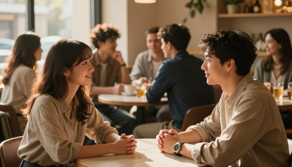 A serene and warm-toned image depicting the essence of friendship and its significance in relationships. In the foreground, two individuals—a man and a woman in smart casual attire—are sitting at a cozy café table, engaging in a light-hearted conversation. Their expressions reflect mutual support and understanding, with soft smiles and relaxed body language. In the middle ground, other friends are gathering, creating a dynamic and inviting atmosphere, while a gentle light filters through the window, casting a golden hue on the scene. The background features softly blurred elements of the café, indicating a lively yet intimate environment. The overall mood is warm and uplifting, celebrating the importance of external friendships in maintaining healthy relationships. The image is well-lit, with a focus on the subjects, captured from a slightly elevated angle to add depth. A serene and warm-toned image depicting the essence of friendship and its significance in relationships. In the foreground, two individuals—a man and a woman in smart casual attire—are sitting at a cozy café table, engaging in a light-hearted conversation. Their expressions reflect mutual support and understanding, with soft smiles and relaxed body language. In the middle ground, other friends are gathering, creating a dynamic and inviting atmosphere, while a gentle light filters through the window, casting a golden hue on the scene. The background features softly blurred elements of the café, indicating a lively yet intimate environment. The overall mood is warm and uplifting, celebrating the importance of external friendships in maintaining healthy relationships. The image is well-lit, with a focus on the subjects, captured from a slightly elevated angle to add depth.