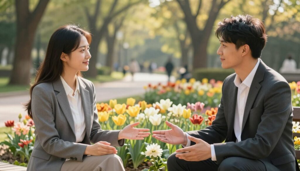 A serene couple sitting together in a sunlit park, engaged in a thoughtful conversation, illustrates the theme of healthy dominance in a relationship. The foreground features the couple, dressed in professional business attire, with gentle smiles and open body language, suggesting trust and mutual respect. In the middle ground, an array of blooming flowers adds warmth and vibrancy, symbolizing growth and nurturing. The background includes a softly illuminated pathway lined with trees, creating an aura of tranquility and balance. Soft, diffused natural light enhances the scene, illuminating their expressions with a golden hue. The overall mood is positive and empowering, reflecting healthy communication and a supportive partnership. A serene couple sitting together in a sunlit park, engaged in a thoughtful conversation, illustrates the theme of healthy dominance in a relationship. The foreground features the couple, dressed in professional business attire, with gentle smiles and open body language, suggesting trust and mutual respect. In the middle ground, an array of blooming flowers adds warmth and vibrancy, symbolizing growth and nurturing. The background includes a softly illuminated pathway lined with trees, creating an aura of tranquility and balance. Soft, diffused natural light enhances the scene, illuminating their expressions with a golden hue. The overall mood is positive and empowering, reflecting healthy communication and a supportive partnership.