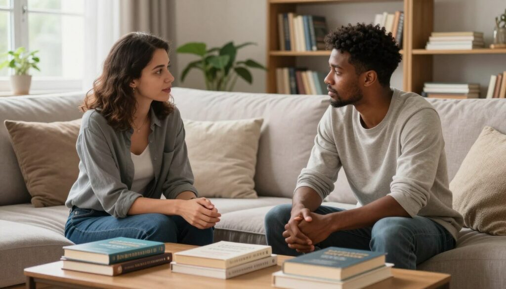A serene, cozy living room setting that reflects personal growth within a partnership. In the foreground, a diverse couple, a woman and a man, are engaged in a deep and meaningful conversation over a coffee table filled with books on personal development. They are dressed in smart casual attire, showing a sense of professionalism and comfort. In the middle ground, a soft couch adorned with cushions and a plant adds warmth to the atmosphere. The background features a bookshelf filled with additional resources on relationships and self-improvement. Natural light from a nearby window bathes the scene, creating a harmonious and inviting mood, emphasizing connection and collaboration. The angle captures the intimate moment between the couple, focusing on their expressions of understanding and support. A serene, cozy living room setting that reflects personal growth within a partnership. In the foreground, a diverse couple, a woman and a man, are engaged in a deep and meaningful conversation over a coffee table filled with books on personal development. They are dressed in smart casual attire, showing a sense of professionalism and comfort. In the middle ground, a soft couch adorned with cushions and a plant adds warmth to the atmosphere. The background features a bookshelf filled with additional resources on relationships and self-improvement. Natural light from a nearby window bathes the scene, creating a harmonious and inviting mood, emphasizing connection and collaboration. The angle captures the intimate moment between the couple, focusing on their expressions of understanding and support.