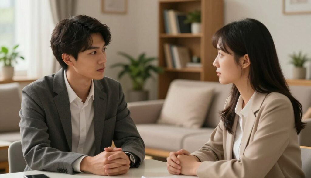 A serene, indoor setting featuring two individuals engaged in a deep, thoughtful conversation. The foreground showcases a young man and woman sitting across from each other at a small table, both dressed in professional attire, their expressions calm yet focused. Soft, warm lighting enhances their faces and the atmosphere, creating a sense of trust and openness. In the middle distance, a comfortable living room with plants and neutral colors suggests a safe space for dialogue. The background features a cozy bookshelf and soft décor, contributing to a feeling of intimacy and warmth. Overall, the mood is one of understanding, highlighting the importance of healthy communication and mutual respect in relationships, emphasizing avoidance of manipulation and toxicity. A serene, indoor setting featuring two individuals engaged in a deep, thoughtful conversation. The foreground showcases a young man and woman sitting across from each other at a small table, both dressed in professional attire, their expressions calm yet focused. Soft, warm lighting enhances their faces and the atmosphere, creating a sense of trust and openness. In the middle distance, a comfortable living room with plants and neutral colors suggests a safe space for dialogue. The background features a cozy bookshelf and soft décor, contributing to a feeling of intimacy and warmth. Overall, the mood is one of understanding, highlighting the importance of healthy communication and mutual respect in relationships, emphasizing avoidance of manipulation and toxicity.