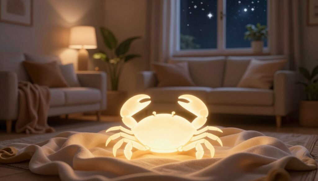 A serene, intimate indoor setting showcasing a Cancer zodiac sign theme, symbolizing emotional depth and warmth in relationships. In the foreground, two stylized, luminous crab symbols merge, surrounded by soft, flowing fabrics that represent comfort and safety. The middle ground features a cozy, dimly lit living room with warm lighting that casts gentle shadows, adorned with soft textiles and plants, creating a sense of tranquility and domestic bliss. In the background, a window reveals a peaceful night sky filled with stars, echoing the emotionality of a Cancer-Cancer union. The atmosphere should evoke feelings of tenderness, stability, and connection, captured from a slightly elevated angle to embrace the entire scene.