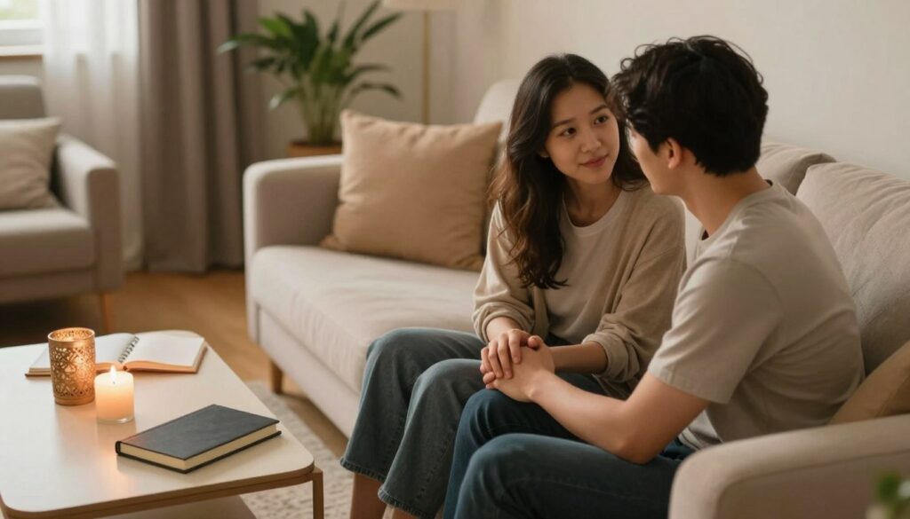 A serene, intimate setting illustrating ways to nurture closeness in a relationship, featuring a cozy living room with soft, warm lighting. In the foreground, a couple sits closely on a comfortable sofa, with one partner gently holding the other’s hand, both dressed in casual but modest clothing. They are engaged in a heartfelt conversation, reflecting connection and trust. In the middle, a beautifully decorated coffee table holds a few journals and candles, suggesting moments of reflection and openness. The background features soft colors and a few plants, enhancing the calming atmosphere. The image radiates warmth and intimacy, inviting viewers to engage with the concept of emotional closeness and mindfulness in partnership. Focus on a slightly elevated angle to capture both the couple’s expressions and the inviting environment. A serene, intimate setting illustrating ways to nurture closeness in a relationship, featuring a cozy living room with soft, warm lighting. In the foreground, a couple sits closely on a comfortable sofa, with one partner gently holding the other’s hand, both dressed in casual but modest clothing. They are engaged in a heartfelt conversation, reflecting connection and trust. In the middle, a beautifully decorated coffee table holds a few journals and candles, suggesting moments of reflection and openness. The background features soft colors and a few plants, enhancing the calming atmosphere. The image radiates warmth and intimacy, inviting viewers to engage with the concept of emotional closeness and mindfulness in partnership. Focus on a slightly elevated angle to capture both the couple’s expressions and the inviting environment.
