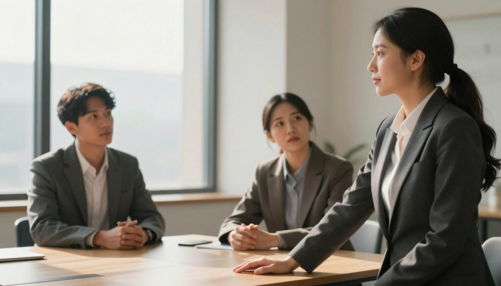 A serene office environment where a diverse group of professionals is engaged in a thoughtful discussion about personal boundaries. In the foreground, a confident woman in a tailored business suit gracefully sets clear boundaries by placing her hand on a table, symbolizing strength and self-assurance. In the middle, two colleagues—one male and one female—listen attentively, both dressed in smart casual attire, reflecting a collaborative atmosphere. The background features a large window with soft, natural lighting that casts gentle shadows, enhancing the sense of a safe and inviting space. The overall mood is empowering and harmonious, emphasizing teamwork, clarity, and mutual respect in establishing healthy boundaries. A serene office environment where a diverse group of professionals is engaged in a thoughtful discussion about personal boundaries. In the foreground, a confident woman in a tailored business suit gracefully sets clear boundaries by placing her hand on a table, symbolizing strength and self-assurance. In the middle, two colleagues—one male and one female—listen attentively, both dressed in smart casual attire, reflecting a collaborative atmosphere. The background features a large window with soft, natural lighting that casts gentle shadows, enhancing the sense of a safe and inviting space. The overall mood is empowering and harmonious, emphasizing teamwork, clarity, and mutual respect in establishing healthy boundaries.
