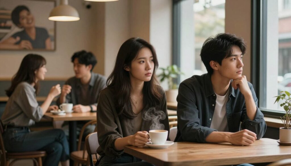 A serene yet somber scene in a cozy coffee shop, featuring a couple sitting at a small table in the foreground. The couple, both dressed in smart casual clothing, appears distant and emotionally disconnected, with their eyes focused elsewhere. The woman has a contemplative expression, holding a steaming cup, while the man gazes out the window, deep in thought. In the middle ground, other patrons engage in lively conversation, contrasting with the couple's silence. Soft, warm lighting fills the room, creating a comforting atmosphere, yet tinged with melancholy. In the background, blurred images of couples laughing and enjoying themselves enhance the sense of longing. The overall mood hints at the complexity of relationships, reflecting the topic of relationship endings, evoking both introspection and a sense of understanding.