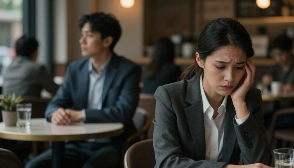 A somber and introspective scene reflecting emotional betrayal. In the foreground, a woman dressed in professional business attire, her expression pained and contemplative, sits alone at a dimly lit café table. The middle ground features a blurred figure of a man, also in smart casual clothing, in the background, gazing away, symbolizing distance and disconnection. The café has warm lighting, but a heavy atmosphere, with shadows emphasizing a feeling of sadness. The background shows blurred outlines of other patrons, representing life continuing around them. The overall mood is one of heartbreak and longing, with soft focus and a slightly desaturated color palette to evoke a sense of melancholy and emotional depth.
