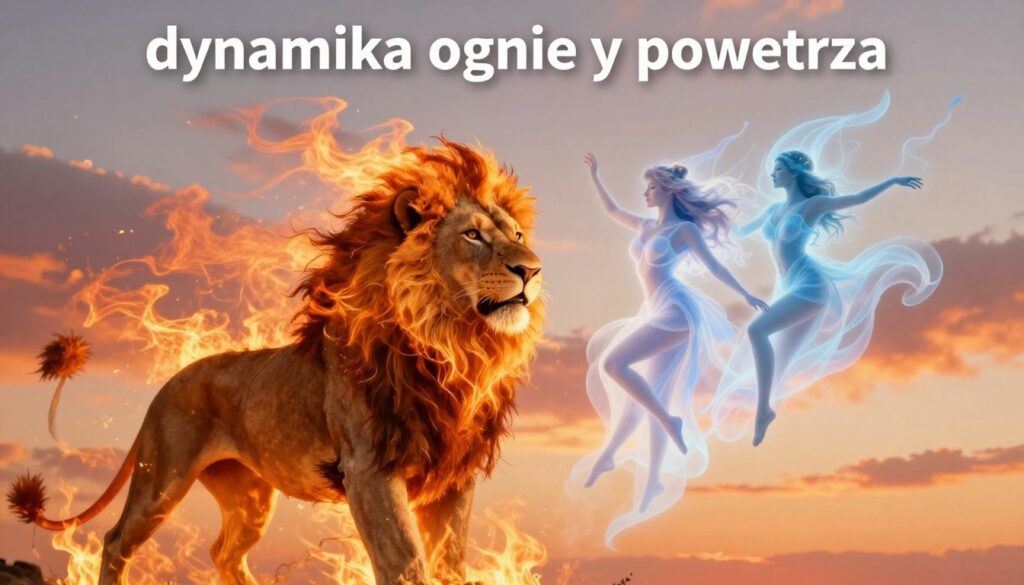 A striking representation of "dynamika ognia i powietrza," featuring a large, majestic lion symbolizing fire in the foreground, its mane flowing like flames, with bold, warm colors radiating from it. In contrast, a pair of ethereal, airy Gemini figures, depicted as graceful, flowing forms, dance around the lion, embodying the element of air through soft blues and whites. The background features a gradient sky transitioning from fiery orange to soft pastel hues, depicting a sunset atmosphere. Utilize dynamic lighting that emphasizes the contrasts between light and shadow, creating a sense of movement and energy. The overall mood should be vibrant and lively, symbolizing the interplay of passion and intellect within the relationship. The scene is framed with a slight low angle to enhance the majestic feel of the lion while capturing the airy essence of the Gemini figures. A striking representation of "dynamika ognia i powietrza," featuring a large, majestic lion symbolizing fire in the foreground, its mane flowing like flames, with bold, warm colors radiating from it. In contrast, a pair of ethereal, airy Gemini figures, depicted as graceful, flowing forms, dance around the lion, embodying the element of air through soft blues and whites. The background features a gradient sky transitioning from fiery orange to soft pastel hues, depicting a sunset atmosphere. Utilize dynamic lighting that emphasizes the contrasts between light and shadow, creating a sense of movement and energy. The overall mood should be vibrant and lively, symbolizing the interplay of passion and intellect within the relationship. The scene is framed with a slight low angle to enhance the majestic feel of the lion while capturing the airy essence of the Gemini figures.