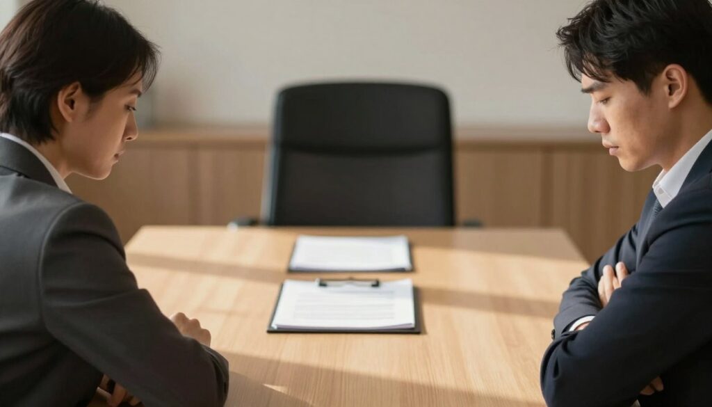A symbolic representation of emotional betrayal in a subtle, professional setting. In the foreground, two figures are seated at a conference table, dressed in formal business attire, facing away from each other with visible tension. Their body language suggests distance, with crossed arms and downcast eyes. In the middle ground, an empty chair symbolizes the absence of trust, while a blurred legal document lies between them, indicating the weight of emotional betrayal in legal disputes. The background features a softly lit office space with warm tones reflecting an atmosphere of conflict. The lighting is gentle, casting long shadows, creating a somber mood that illustrates the complexities of emotional infidelity and its implications in divorce proceedings.