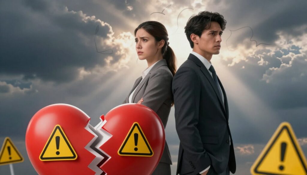 A symbolic representation of warning signals in relationships, featuring a split image. In the foreground, a close-up of a broken heart symbol, adorned with caution signs like yellow triangles and exclamation points, conveying a sense of alertness. In the middle, a couple in professional attire, standing back-to-back with expressions of concern, surrounded by faint shadowy outlines that represent conflict and communication barriers. The background is a blurred abstract of dark clouds merging into rays of light, signifying emotional turmoil mixed with hope. The overall mood is tense yet illuminating, captured with soft, dramatic lighting to enhance the emotional weight, shot from a slightly elevated angle to convey depth and complexity. A symbolic representation of warning signals in relationships, featuring a split image. In the foreground, a close-up of a broken heart symbol, adorned with caution signs like yellow triangles and exclamation points, conveying a sense of alertness. In the middle, a couple in professional attire, standing back-to-back with expressions of concern, surrounded by faint shadowy outlines that represent conflict and communication barriers. The background is a blurred abstract of dark clouds merging into rays of light, signifying emotional turmoil mixed with hope. The overall mood is tense yet illuminating, captured with soft, dramatic lighting to enhance the emotional weight, shot from a slightly elevated angle to convey depth and complexity.
