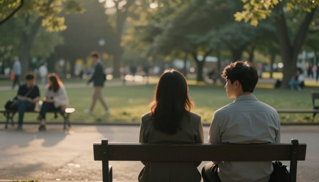 A thoughtful scene illustrating the concept of a relationship break, set in a serene park during the golden hour. In the foreground, a couple sits on a bench, dressed in casual yet neat clothing, facing away from each other, deep in contemplation. Their body language suggests a mix of reflection and uncertainty. In the middle ground, soft sunlight filters through the trees, casting dappled light that enhances the emotional weight of the moment. In the background, blurry silhouettes of other park-goers engage in casual activities, symbolizing life continuing around them. The atmosphere is a blend of tranquility and introspection, with warm, muted colors to evoke a sense of calm reflection and the complexity of relationships. A thoughtful scene illustrating the concept of a relationship break, set in a serene park during the golden hour. In the foreground, a couple sits on a bench, dressed in casual yet neat clothing, facing away from each other, deep in contemplation. Their body language suggests a mix of reflection and uncertainty. In the middle ground, soft sunlight filters through the trees, casting dappled light that enhances the emotional weight of the moment. In the background, blurry silhouettes of other park-goers engage in casual activities, symbolizing life continuing around them. The atmosphere is a blend of tranquility and introspection, with warm, muted colors to evoke a sense of calm reflection and the complexity of relationships.