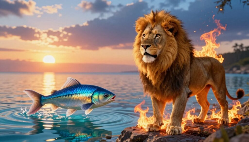 A vibrant scene depicting the dynamic relationship between the fiery Leo and the watery Pisces. In the foreground, a majestic lion with a golden mane embodies strength and charisma, standing confidently on a rocky ledge. Nearby, a serene fish gracefully swims in crystal-clear water, reflecting the calm and gentle nature of Pisces. The middle ground features a harmonious blend of elements: flickering flames that dance around the lion and soft ripples of water around the fish, symbolizing their contrasting yet complementary natures. The background showcases a sunset sky, casting a warm golden glow and deep blue hues, enhancing the mood of romance and passion. Use soft focus to emphasize the harmony between fire and water, capturing the essence of a powerful yet fluid connection.