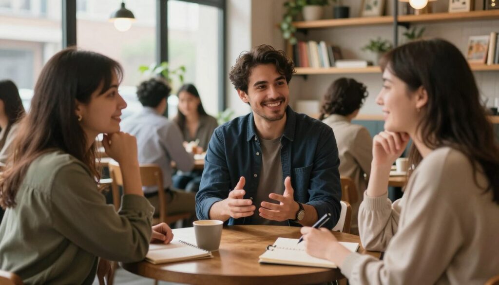 A warm and inviting community gathering in a cozy, well-lit café, showcasing a diverse group of individuals engaged in deep conversation and shared connections. In the foreground, two women with warm smiles engage in discussion, one with a notepad and pen, symbolizing thoughtfulness and reflection. In the middle ground, a man in a smart casual outfit gestures expressively while another person listens attentively, highlighting the importance of communication and understanding. The background features soft, blurred shelves of books and plants, creating an atmosphere of comfort and support. Soft, natural lighting filters through large windows, casting a gentle glow on the scene, evoking a sense of warmth, belonging, and the richness of human connection.