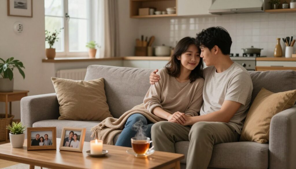 A warm and inviting living room scene that portrays the essence of daily life and home safety. In the foreground, a couple sits together on a cozy sofa, both dressed in modest, comfortable clothing. They share a gentle, affectionate moment, surrounded by soft pillows and a warm blanket. The middle layer features a well-organized coffee table with a steaming cup of tea, a lighted candle, and family photos in decorative frames, creating a personal atmosphere. In the background, a softly lit kitchen is visible, emphasizing safety with smoke detectors and organized appliances. The scene is illuminated by soft, natural light coming from a window, evoking a sense of warmth and security. The mood is serene and intimate, reflecting the bond and comfort found in shared daily life.