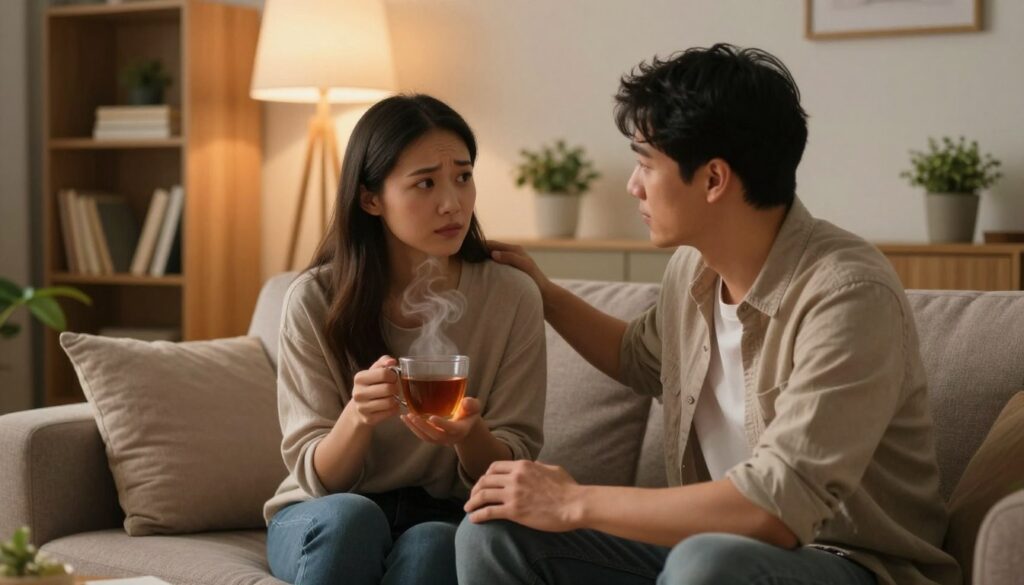 A warm and inviting living room setting with soft, ambient lighting creating a cozy atmosphere. In the foreground, there is a couple, a man and woman, sitting on a comfortable couch, dressed in modest casual clothing. The woman is holding a steaming cup of tea, while the man looks at her attentively, conveying deep support and understanding. In the background, a bookshelf filled with books and plants adds a touch of homeyness. The soft glow from a lamp casts gentle shadows, enhancing the intimate mood. This image captures the essence of heartfelt support during challenging times, emphasizing connection, warmth, and reassurance in a relationship. A warm and inviting living room setting with soft, ambient lighting creating a cozy atmosphere. In the foreground, there is a couple, a man and woman, sitting on a comfortable couch, dressed in modest casual clothing. The woman is holding a steaming cup of tea, while the man looks at her attentively, conveying deep support and understanding. In the background, a bookshelf filled with books and plants adds a touch of homeyness. The soft glow from a lamp casts gentle shadows, enhancing the intimate mood. This image captures the essence of heartfelt support during challenging times, emphasizing connection, warmth, and reassurance in a relationship.