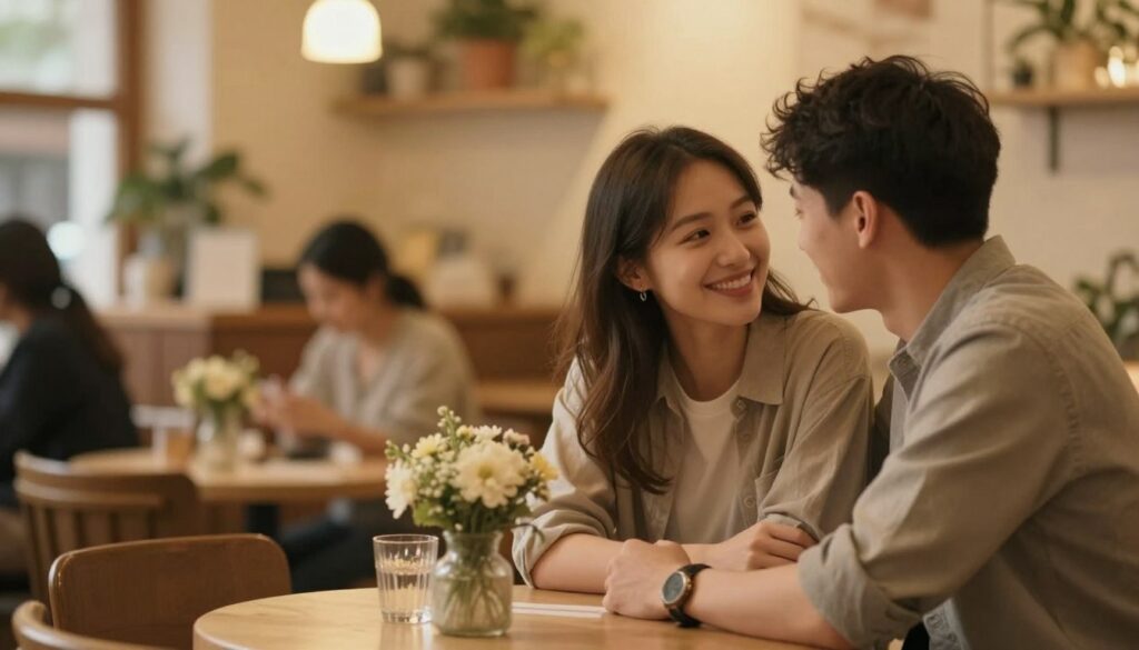 A warm and inviting scene capturing the essence of 'miłości'. In the foreground, a couple sits closely together at a cozy café table, both dressed in modest casual clothing, their expressions radiating affection and joy. They are engaging in a heartfelt conversation, leaning slightly toward each other as they share smiles. In the middle, delicate flower arrangements and soft lighting create an intimate atmosphere, enhancing the connection between them. The background features a softly blurred, bustling café with warm tones, giving a sense of everyday life filled with love. The lighting is soft and golden, reminiscent of a late afternoon, evoking a mood of warmth and tenderness. The image should be framed in a slightly tilted, inviting angle that focuses on the couple's bond. A warm and inviting scene capturing the essence of 'miłości'. In the foreground, a couple sits closely together at a cozy café table, both dressed in modest casual clothing, their expressions radiating affection and joy. They are engaging in a heartfelt conversation, leaning slightly toward each other as they share smiles. In the middle, delicate flower arrangements and soft lighting create an intimate atmosphere, enhancing the connection between them. The background features a softly blurred, bustling café with warm tones, giving a sense of everyday life filled with love. The lighting is soft and golden, reminiscent of a late afternoon, evoking a mood of warmth and tenderness. The image should be framed in a slightly tilted, inviting angle that focuses on the couple's bond.