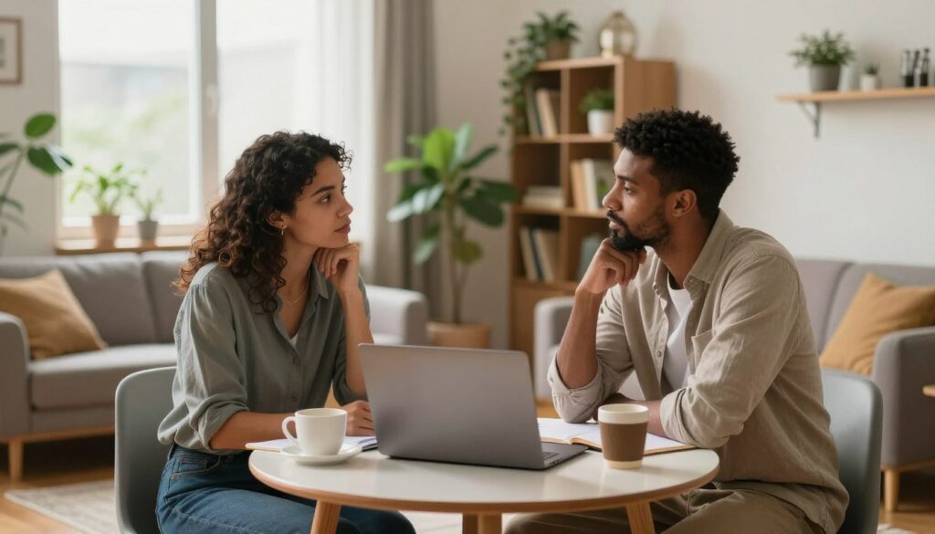 A warm and inviting scene depicting a diverse couple engaged in a thoughtful discussion about their partnership, symbolizing equality and shared responsibility. In the foreground, the couple, dressed in modest casual clothing, sits across from each other at a small table with a laptop open, surrounded by notes and coffee cups. In the middle, a cozy living room filled with plants, bookshelves, and soft lighting creates an intimate atmosphere. In the background, large windows let in natural light, casting a soft glow over the scene. The mood is harmonious and reflective, emphasizing the importance of mutual decision-making in a partnership. The composition should have a balanced perspective, using a slight depth of field to focus on the couple while maintaining the welcoming ambiance of their surroundings. A warm and inviting scene depicting a diverse couple engaged in a thoughtful discussion about their partnership, symbolizing equality and shared responsibility. In the foreground, the couple, dressed in modest casual clothing, sits across from each other at a small table with a laptop open, surrounded by notes and coffee cups. In the middle, a cozy living room filled with plants, bookshelves, and soft lighting creates an intimate atmosphere. In the background, large windows let in natural light, casting a soft glow over the scene. The mood is harmonious and reflective, emphasizing the importance of mutual decision-making in a partnership. The composition should have a balanced perspective, using a slight depth of field to focus on the couple while maintaining the welcoming ambiance of their surroundings.