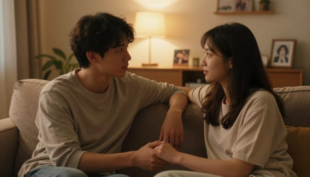A warm, intimate scene depicting a young couple sitting closely together in a cozy living room. The foreground features the couple: a man and a woman, both dressed in modest, casual clothing, facing each other with attentive, caring expressions. They are seated on a plush sofa, with their hands gently touching to symbolize trust and connection. In the middle background, soft lighting creates an inviting atmosphere, enhanced by warm-toned lamps and a few personal touches like framed photos on the walls. The overall mood is one of comfort and understanding, emphasizing emotional connection and open communication. The angle is slightly above eye level, allowing the viewer to feel as if they are part of this intimate conversation, fostering a sense of closeness. A warm, intimate scene depicting a young couple sitting closely together in a cozy living room. The foreground features the couple: a man and a woman, both dressed in modest, casual clothing, facing each other with attentive, caring expressions. They are seated on a plush sofa, with their hands gently touching to symbolize trust and connection. In the middle background, soft lighting creates an inviting atmosphere, enhanced by warm-toned lamps and a few personal touches like framed photos on the walls. The overall mood is one of comfort and understanding, emphasizing emotional connection and open communication. The angle is slightly above eye level, allowing the viewer to feel as if they are part of this intimate conversation, fostering a sense of closeness.