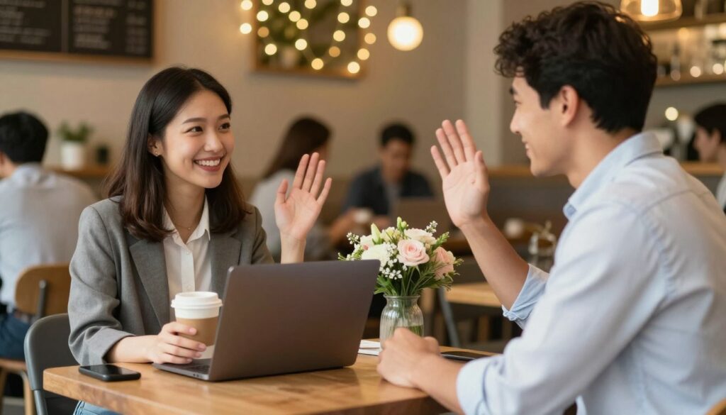 A warm, inviting café setting with two people meeting for the first time, transitioning from an online relationship to a real-life connection. In the foreground, a woman with shoulder-length hair in a smart casual outfit smiles, holding a coffee cup, while a man in a crisp shirt waves, both radiating excitement. In the middle, a cozy table with a laptop and a bouquet of flowers symbolizes their online connection. The background features soft glowing fairy lights and blurred café patrons to create a lively yet intimate atmosphere. The lighting is warm and soft, enhancing the feeling of a new, promising relationship. The angle is slightly elevated, capturing the moment just before their handshake. A warm, inviting café setting with two people meeting for the first time, transitioning from an online relationship to a real-life connection. In the foreground, a woman with shoulder-length hair in a smart casual outfit smiles, holding a coffee cup, while a man in a crisp shirt waves, both radiating excitement. In the middle, a cozy table with a laptop and a bouquet of flowers symbolizes their online connection. The background features soft glowing fairy lights and blurred café patrons to create a lively yet intimate atmosphere. The lighting is warm and soft, enhancing the feeling of a new, promising relationship. The angle is slightly elevated, capturing the moment just before their handshake.