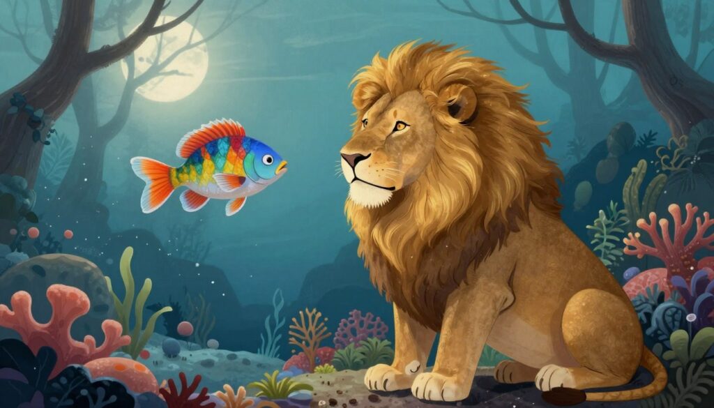 A whimsical yet elegant illustration depicting a harmonious relationship between a lion and a fish, symbolizing love and understanding. In the foreground, the majestic lion sits gracefully, adorned with a flowing mane that glimmers in soft golden light, gazing affectionately at the vibrant, colorful fish swimming gracefully around it. The middle ground features a serene underwater scene where coral reefs and aquatic plants flourish, representing growth and connection. The background showcases a dreamy, twilight forest, where silvery moonlight filters through the trees, creating a serene atmosphere. The overall mood should evoke warmth, intimacy, and a sense of enduring partnership, with intricate details capturing the bond between these two unique beings.