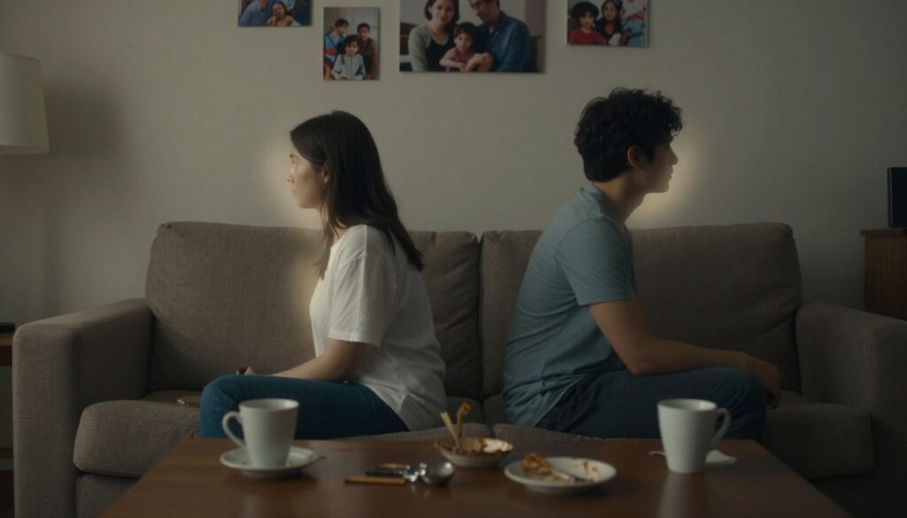 An abstract representation of emotional distance in a relationship, featuring a couple sitting on a couch, their bodies turned away from each other, reflecting a sense of disconnect. The foreground shows a faint glow around the couple, symbolizing their emotional barriers. In the middle, a coffee table cluttered with untouched cups and a dimly lit atmosphere enhances the feelings of isolation. In the background, a wall with shadowy, indistinct family photos hints at their past connections, now overshadowed by tension. Using soft, muted colors to evoke a melancholic mood, with gentle lighting to create depth, captured from a slightly elevated angle to encapsulate the couple's emotional space. An abstract representation of emotional distance in a relationship, featuring a couple sitting on a couch, their bodies turned away from each other, reflecting a sense of disconnect. The foreground shows a faint glow around the couple, symbolizing their emotional barriers. In the middle, a coffee table cluttered with untouched cups and a dimly lit atmosphere enhances the feelings of isolation. In the background, a wall with shadowy, indistinct family photos hints at their past connections, now overshadowed by tension. Using soft, muted colors to evoke a melancholic mood, with gentle lighting to create depth, captured from a slightly elevated angle to encapsulate the couple's emotional space.