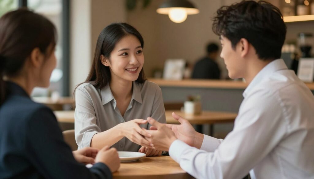 In a softly lit, intimate café setting, a couple sits at a small table, engaged in a deep conversation, showcasing the theme of intimacy in a new relationship. The foreground features their hands gently reaching towards each other, symbolizing connection and vulnerability. The middle ground includes their warm expressions, showcasing curiosity and openness, with soft focus on their faces to emphasize their emotional connection. The background includes blurred café details like softly glowing lights and cozy furnishings, creating an inviting atmosphere. Use natural lighting to enhance a warm, inviting mood, with a shallow depth of field to keep the focus on the couple while suggesting a broader, intimate world around them. The composition should evoke feelings of trust and budding intimacy in a professional and tasteful manner. In a softly lit, intimate café setting, a couple sits at a small table, engaged in a deep conversation, showcasing the theme of intimacy in a new relationship. The foreground features their hands gently reaching towards each other, symbolizing connection and vulnerability. The middle ground includes their warm expressions, showcasing curiosity and openness, with soft focus on their faces to emphasize their emotional connection. The background includes blurred café details like softly glowing lights and cozy furnishings, creating an inviting atmosphere. Use natural lighting to enhance a warm, inviting mood, with a shallow depth of field to keep the focus on the couple while suggesting a broader, intimate world around them. The composition should evoke feelings of trust and budding intimacy in a professional and tasteful manner.
